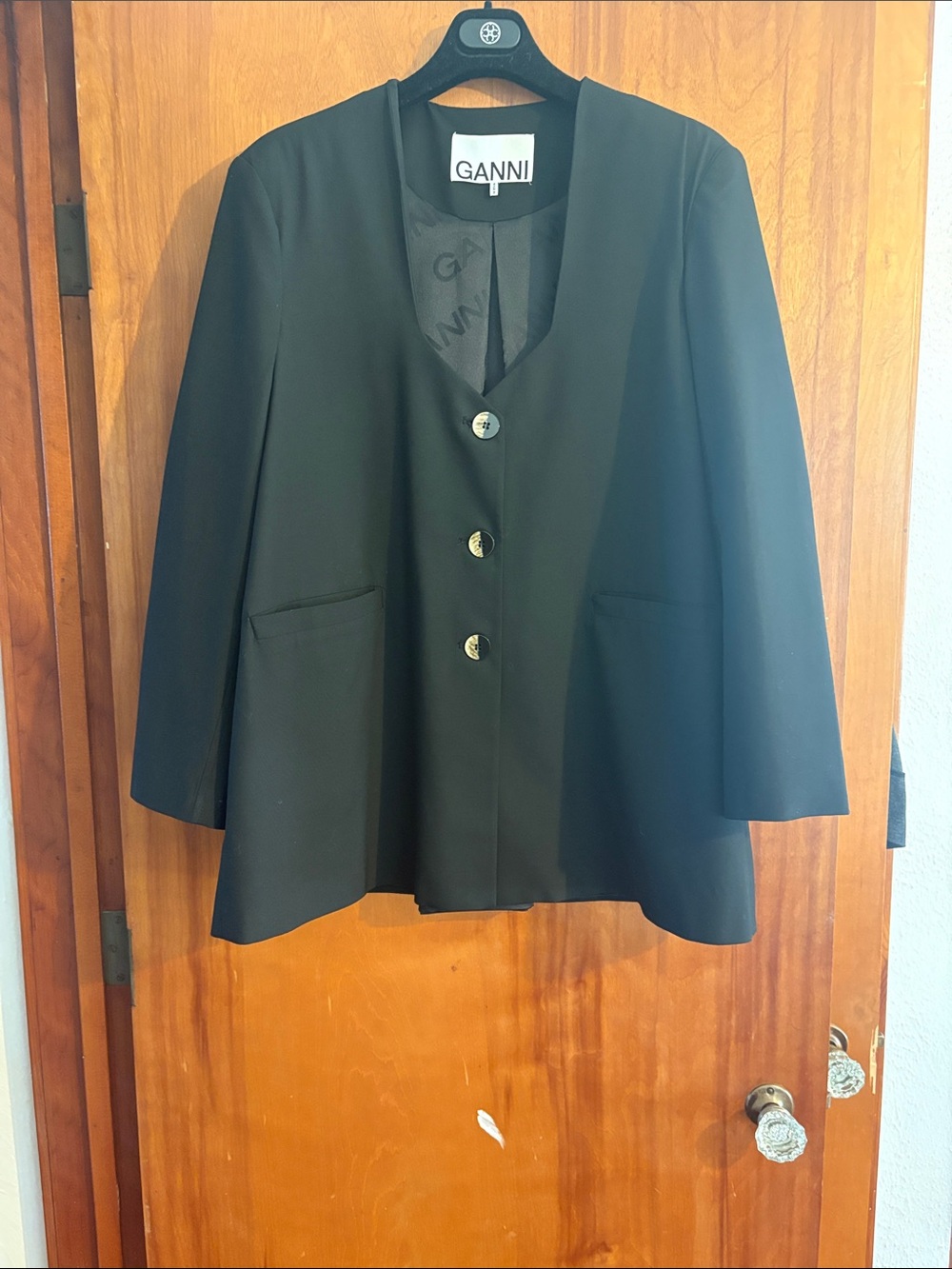 Ganni Oversized Black Longline Blazer with Button Front